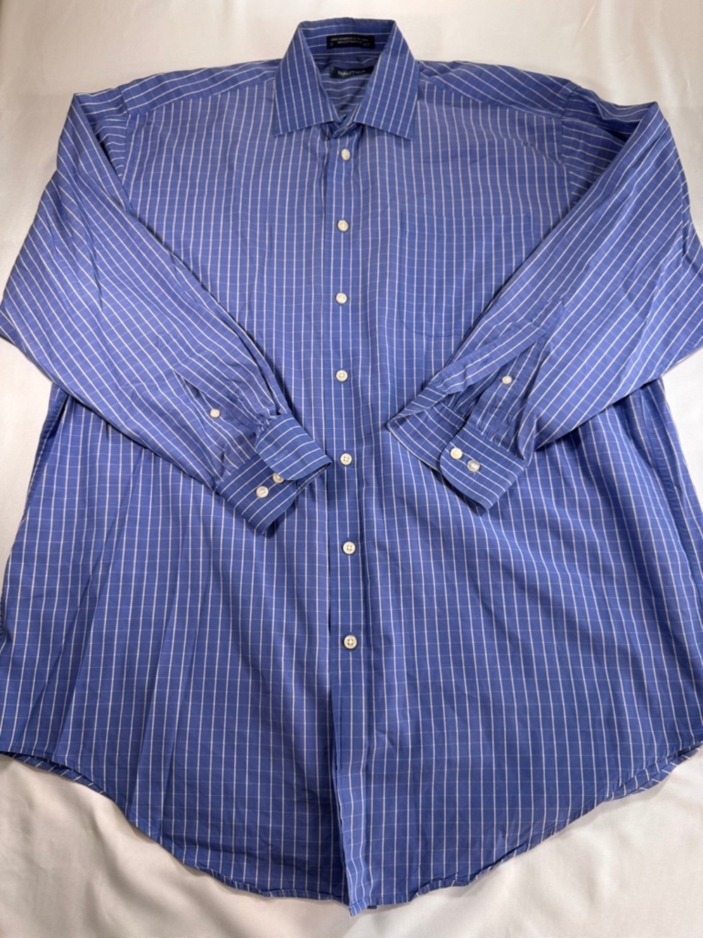 Nautica Men's Blue White Pinstripe Dress Shirt 17 32/33 100% Cotton